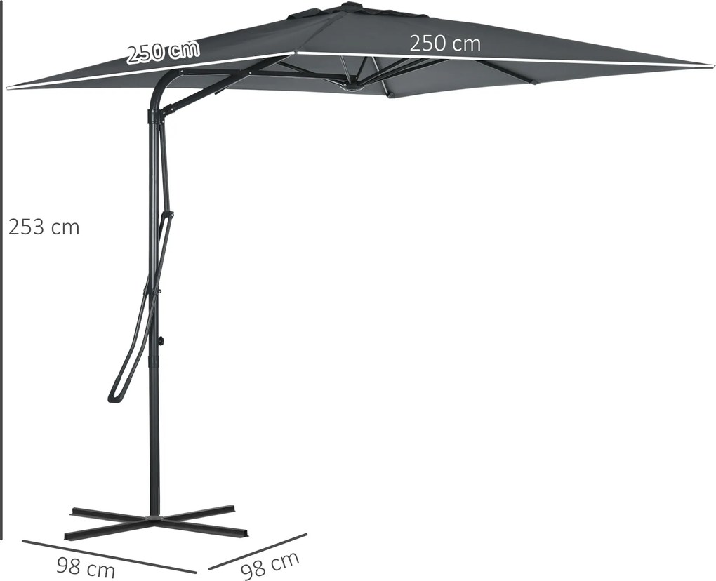 Guarda-sol quadrado com haste lateral, 2,5 x 2,5 m, com proteção UV e base em cruz incluída, cinzento escuro