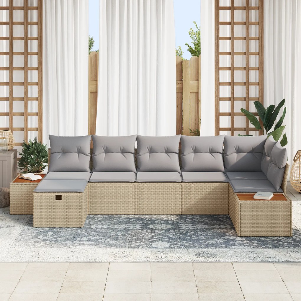 Conjunto de Sofá de Jardim de 7 Peças com Almofadas Bege Vime Sintétic