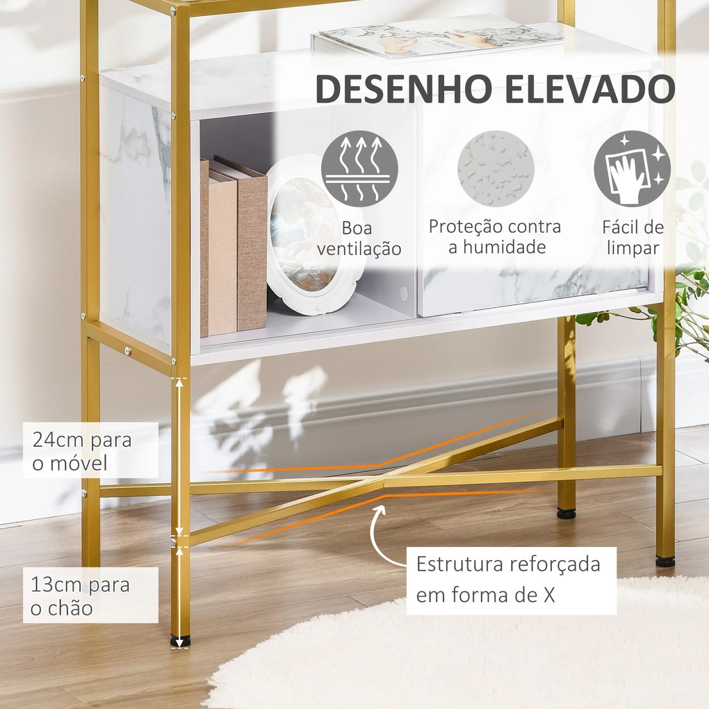 HOMCOM Mesa Consola Aparador de Entrada com Bancada de Vidro Temperado e Compartimento de Armazenamento Móvel de Entrada para Sala de Estar Estúdio 80x30x90cm Branco e Dourado