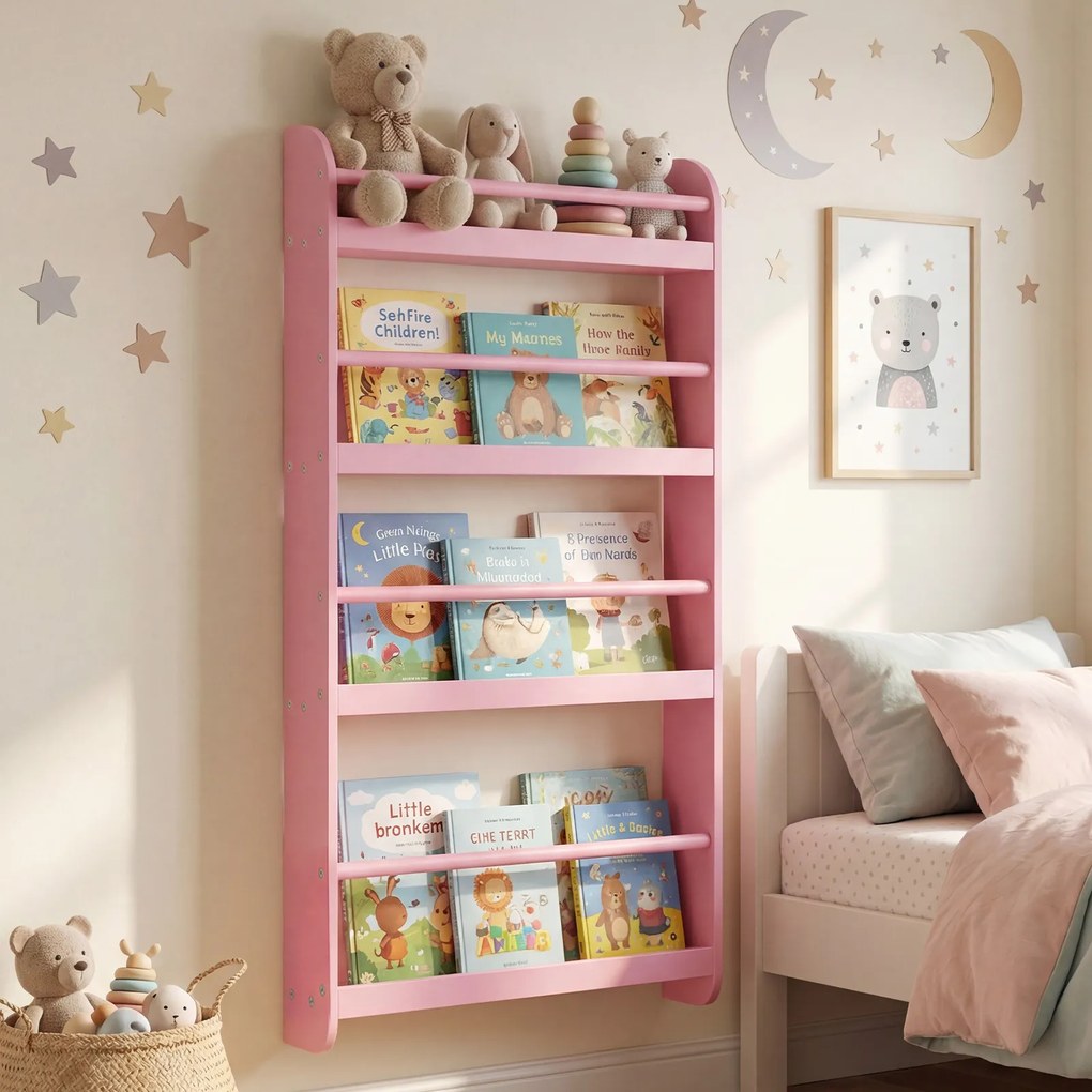 Estante infantil de parede com 4 níveis 56 x 12 x 107 cm, prateleiras abertas, barras de segurança e bordas elevadas para quarto infantil ou sala de a
