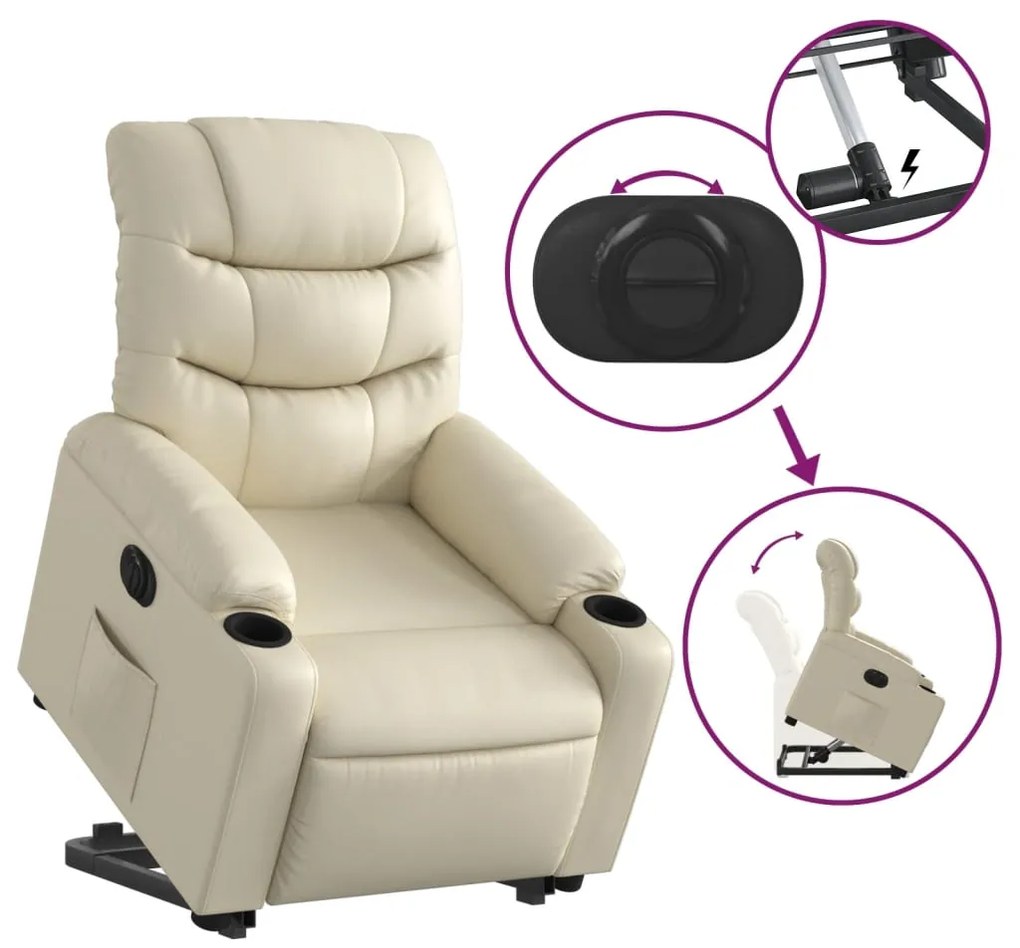Poltrona reclinável elevatória elétrica couro artificial creme