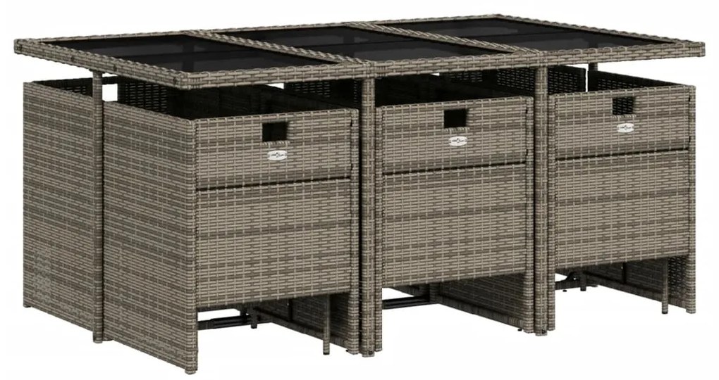 11 pcs conjunto jantar p/ jardim c/ almofadões vime PE cinzento