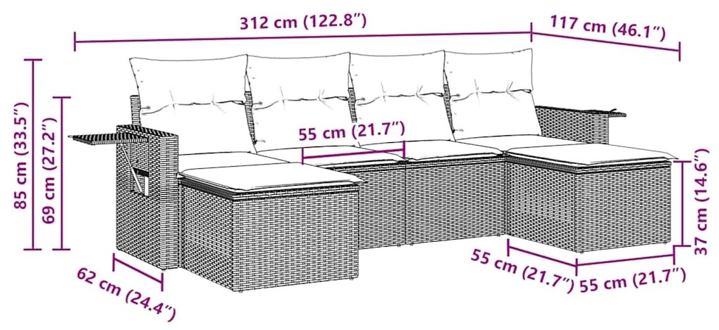 6 pcs conjunto sofás de jardim c/ almofadões vime PE preto