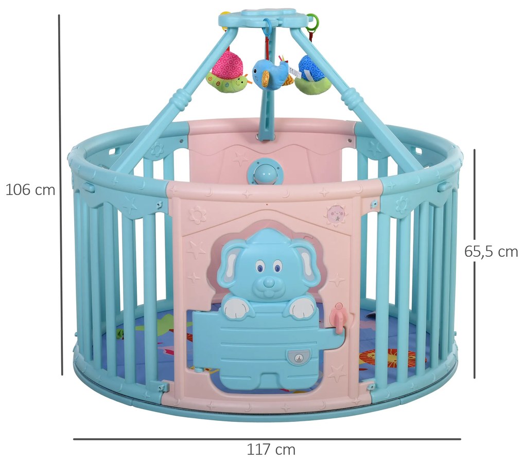 HOMCOM Parque infantil redondo Parque infantil de segurança para bebês Berço com Tapete Brinquedos divertidos Trava Dupla Altura 65,5 cm rosa e azul