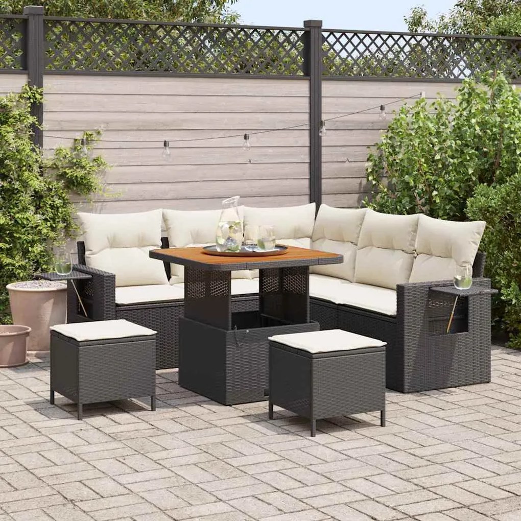 vidaXL Sofá de Jardim Modular com 8 Peças e Almofadas Preto Polyrattan e Acácia