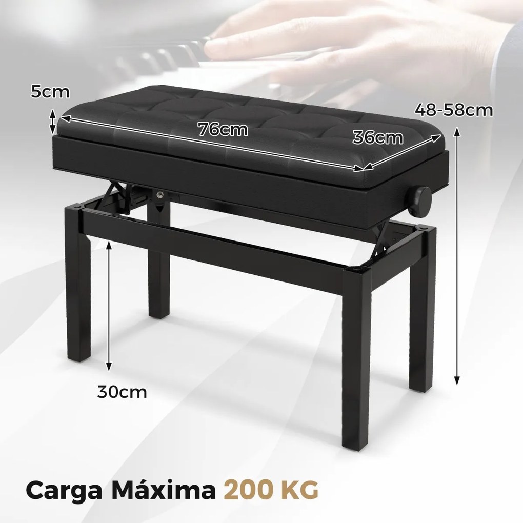 Banco para piano ajustável com arrumação Banco duplo de madeira com almofada para teclado almofadada em PU Preto