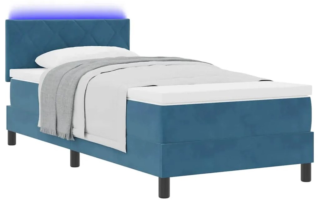 Cama Box com Colchão &amp; LED Azul Escuro 90x200 cm Veludo