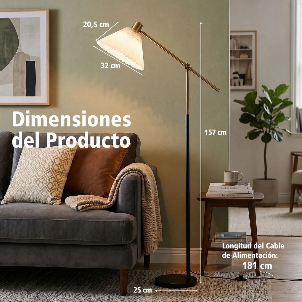 Candeeiro de Pé, Altura 157cm e Ângulo Ajustáveis, Dourado