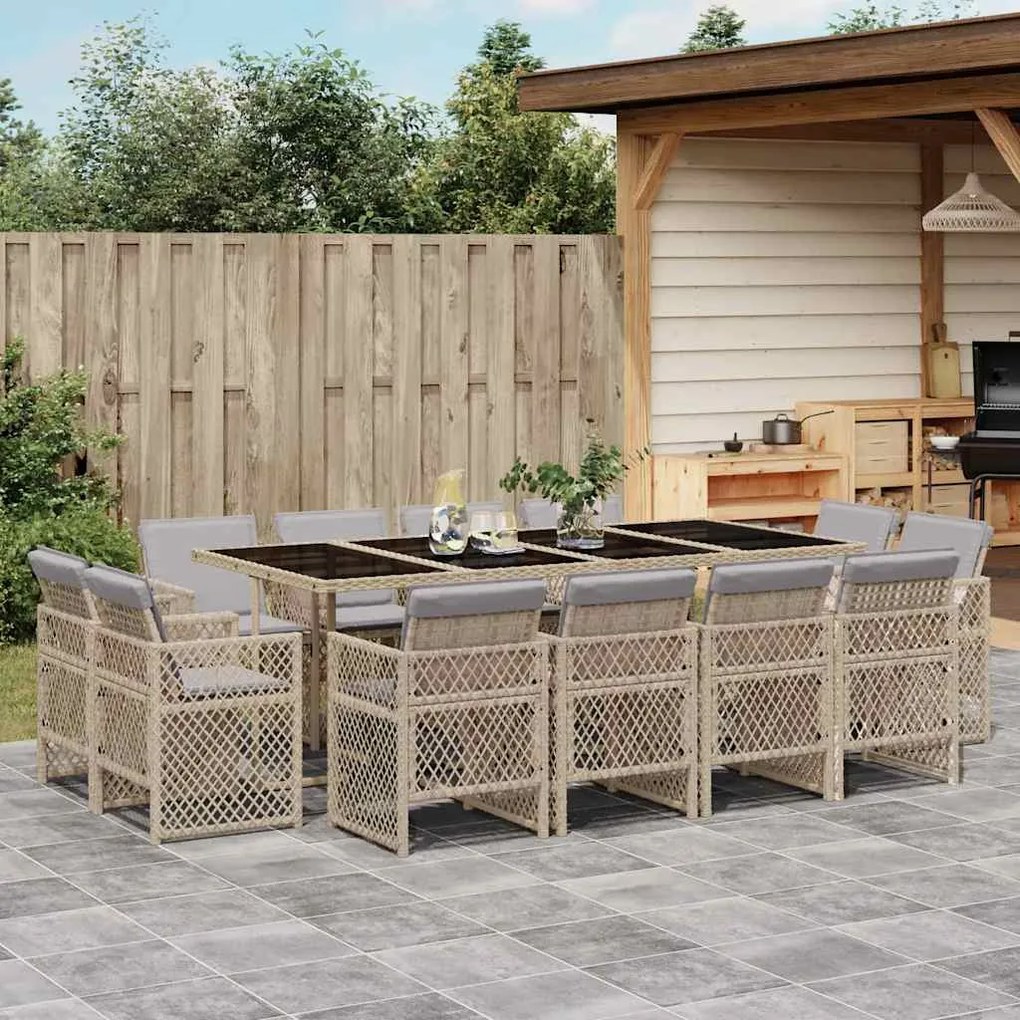 vidaXL 13 pcs conj. jantar jardim c/ almofadões vime PE bege misturado