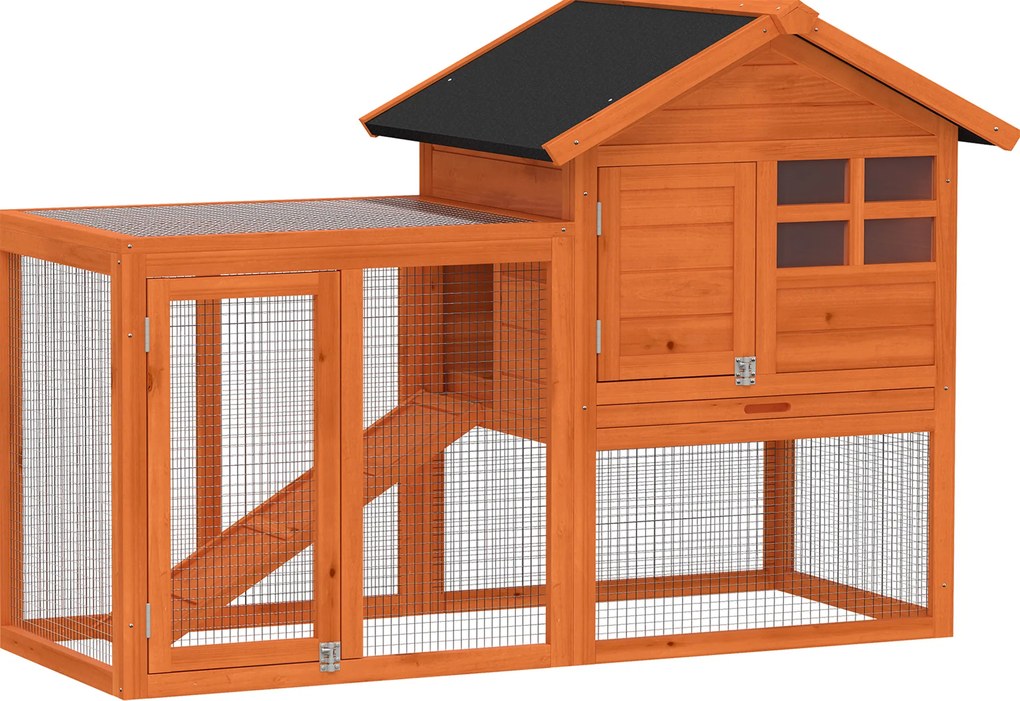 PawHut Coelheira 2 andares Coelheira com telhado de betume impermeável recinto de livre circulação rampa portas madeira 123,5x62,6x92,5 cm Laranja | Aosom Portugal