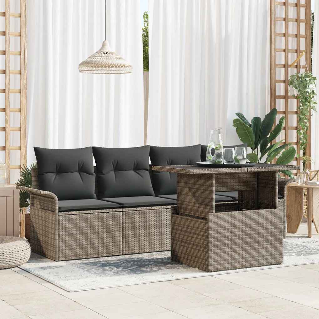 Conjunto de Sofá para Jardim vidaXL 5 Peças com Almofadas Vime Cinzent
