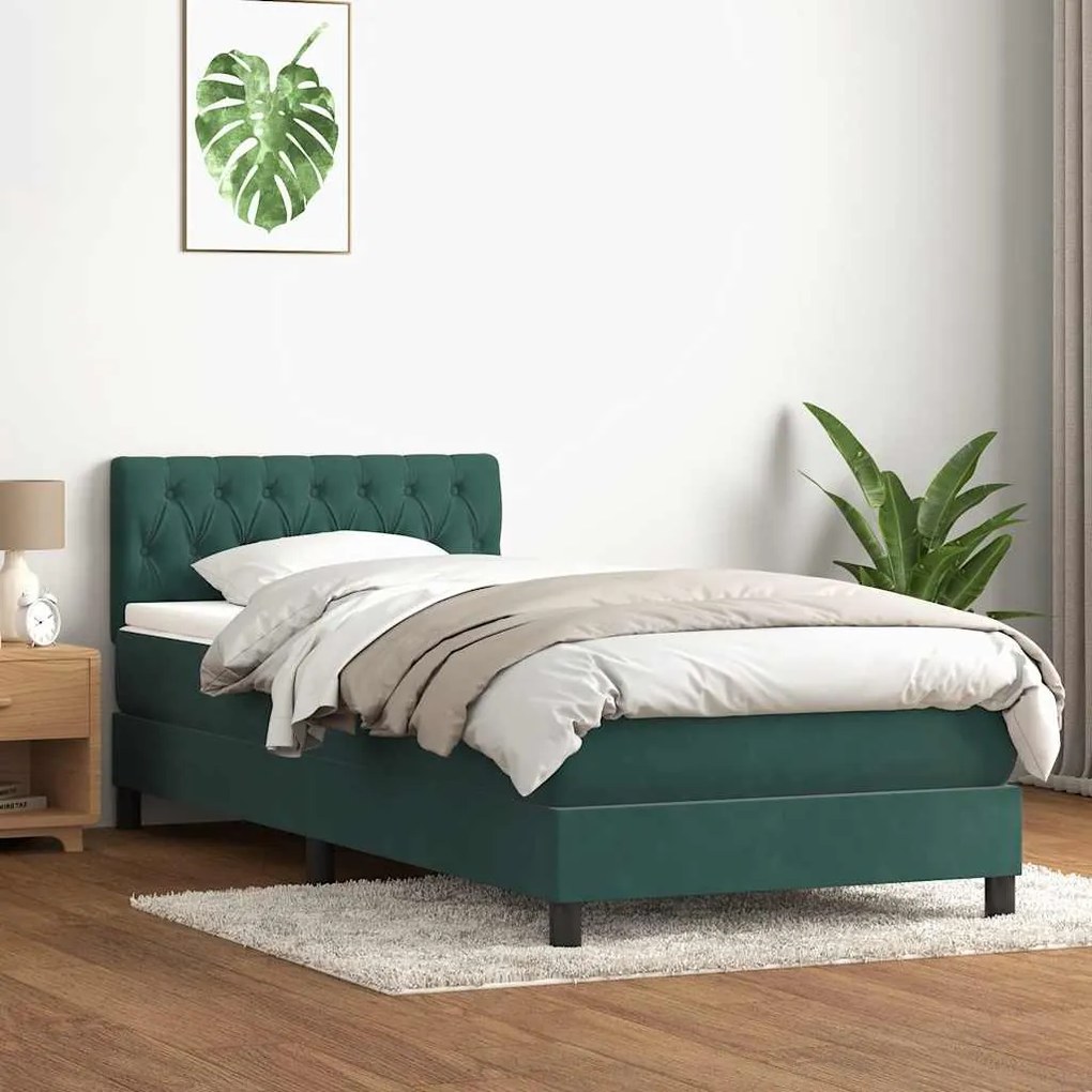 Cama com molas/colchão 90x220 cm veludo verde-escuro