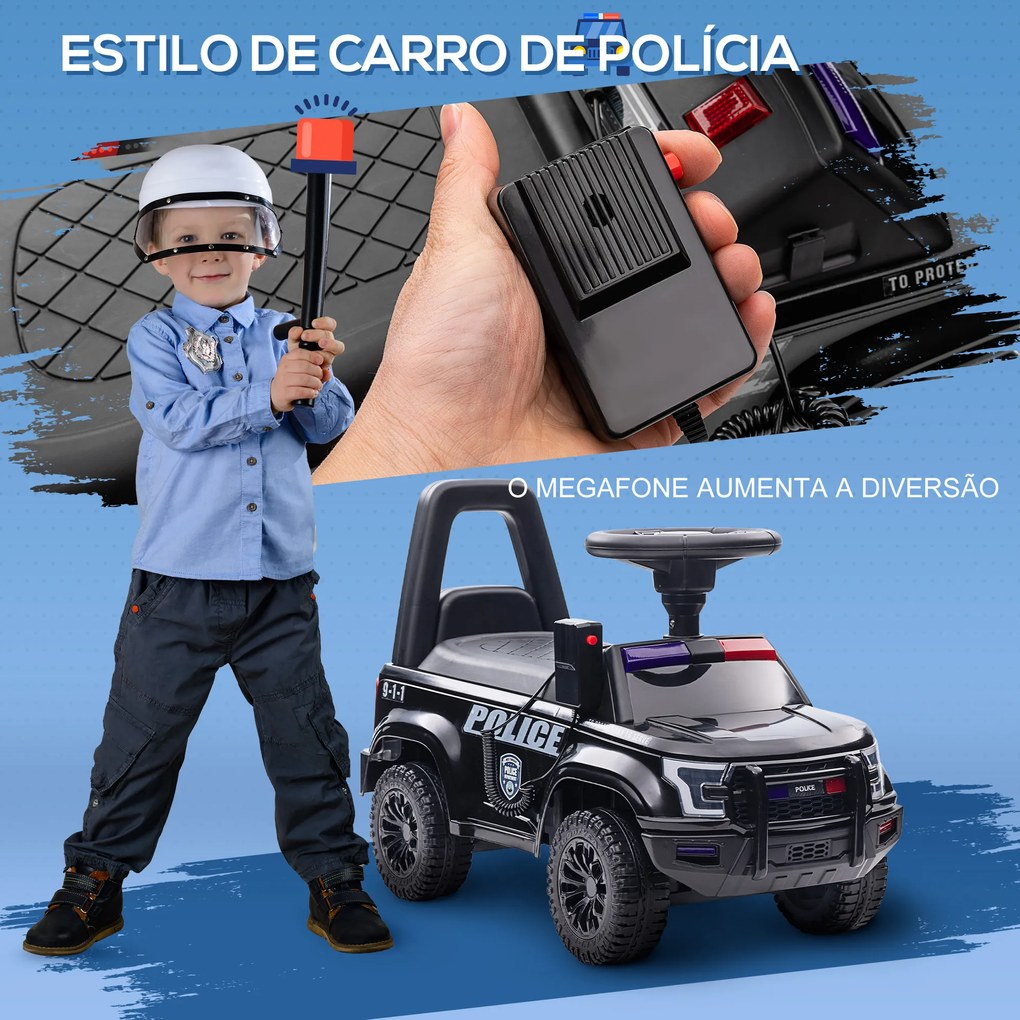HOMCOM Carro Andador de Policia para Bebé de 18-60 Meses Carro sem Pedais com Buzina Megafone Compartimento de Armazenamento e Encosto Removível 62x29x43cm Preto