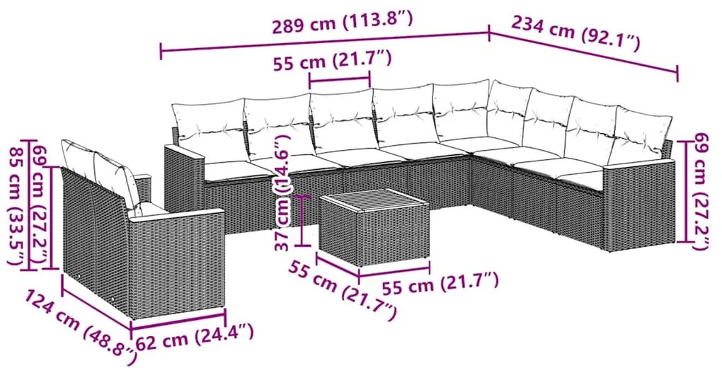11 pcs conjunto sofás de jardim c/ almofadões vime PE preto