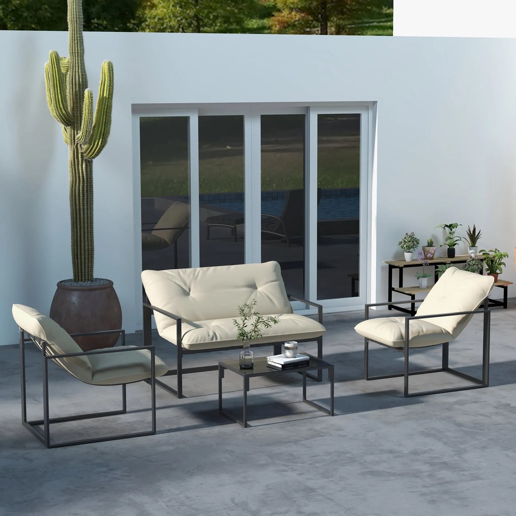 Conjunto de jardim de 4 peças para 4 pessoas, com sofá de 2 lugares, 2 poltronas e 1 mesa de centro cinzenta