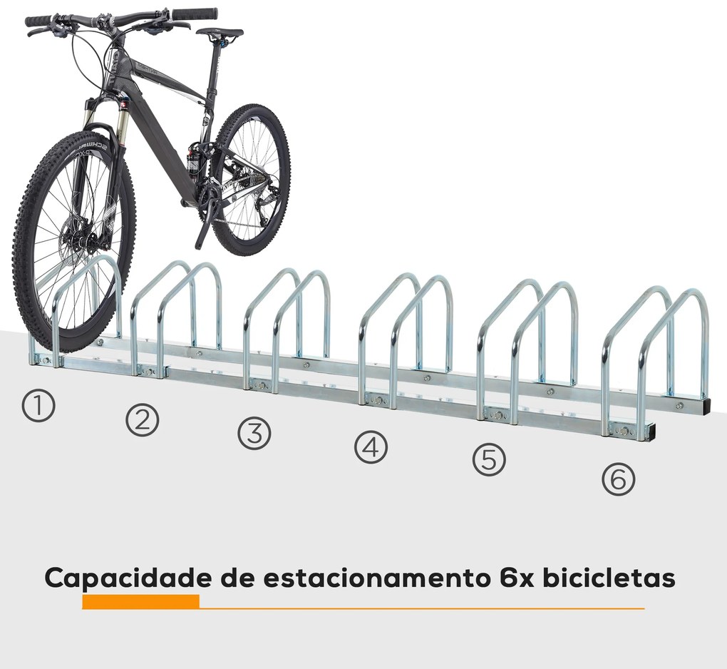 HOMCOM Estacionamento para 6 Bicicletas Suporte de Aço para Estacionar Bicicletas no Chão para Interior e Exterior 160x33x27cmPrata