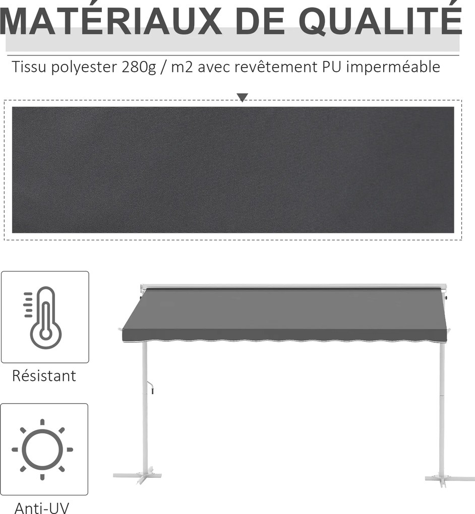 Toldo de dupla inclinação 4 x 3 m, manual e retrátil, inclinação ajustável, metal com revestimento epóxi, branco, poliéster impermeável e com proteção