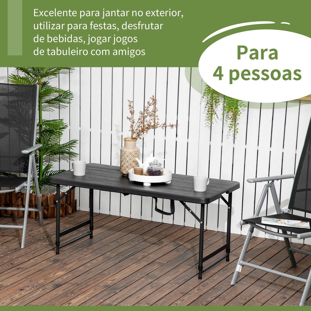 Outsunny Mesa de Jardim Dobrável Mesa de Exterior com Altura Ajustável para 4 Pessoas para Pátio Varanda Carga Máx. 60kg 118x60x56-74cm Cinza Escuro