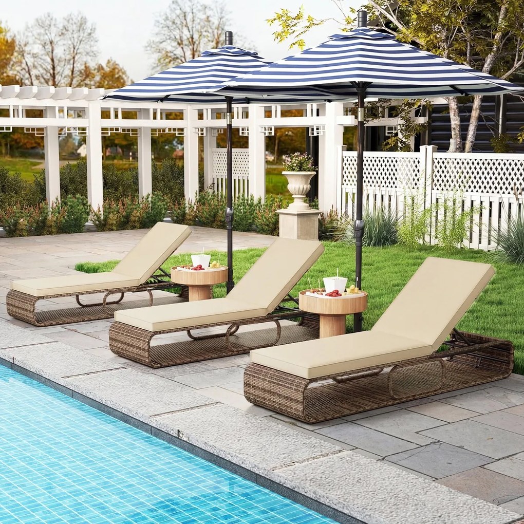 Espreguiçadeira de Jardim 185 x 65 x 26 cm om encosto ajustável, almofada e espaço de arrumação para piscina, pátio e jardim Cor do rattan PE: Castanh