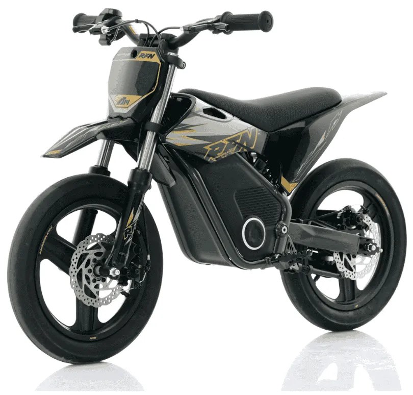 Mini moto elétrica para crianças velocidade até 30Km/h C/Limitador RFN SX-E350 WARRIOR 350W Supermotard 14/14” Preto e Dourado