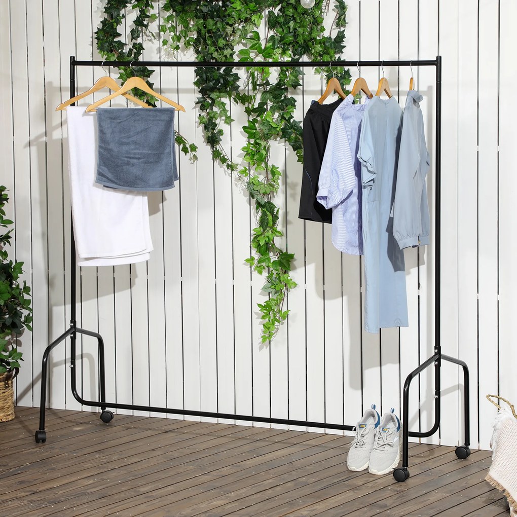 Guarda roupas com rodas e barra resistente, capacidade de 140 kg, 180 x 60 x 170 cm, em aço preto