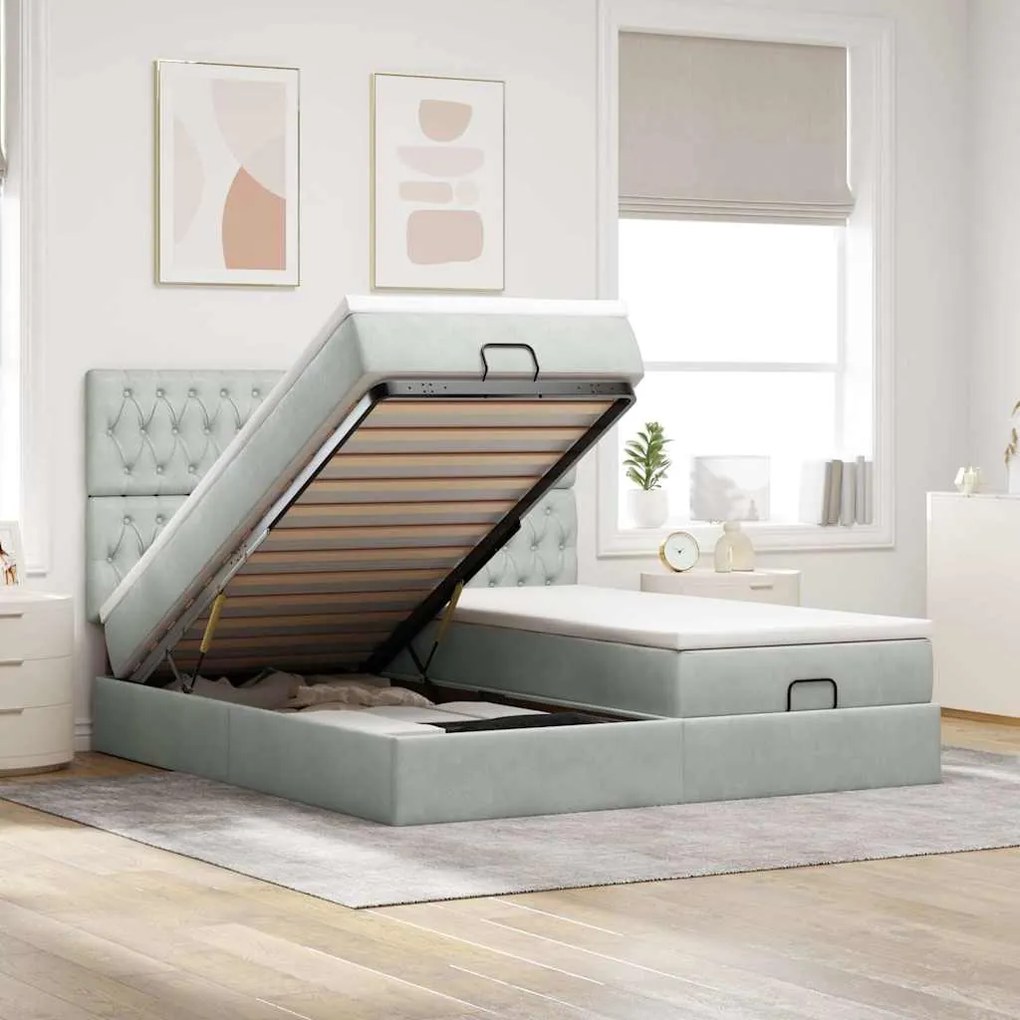 Estrutura cama otomana colchões 200x200cm veludo cinzento claro