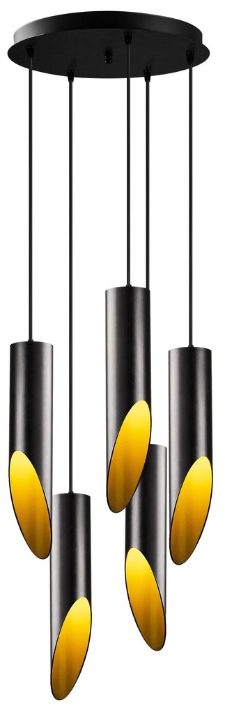 Candeeiro de Teto Kesik – Preto e Dourado – Diâmetro 43 cm, Altura 135