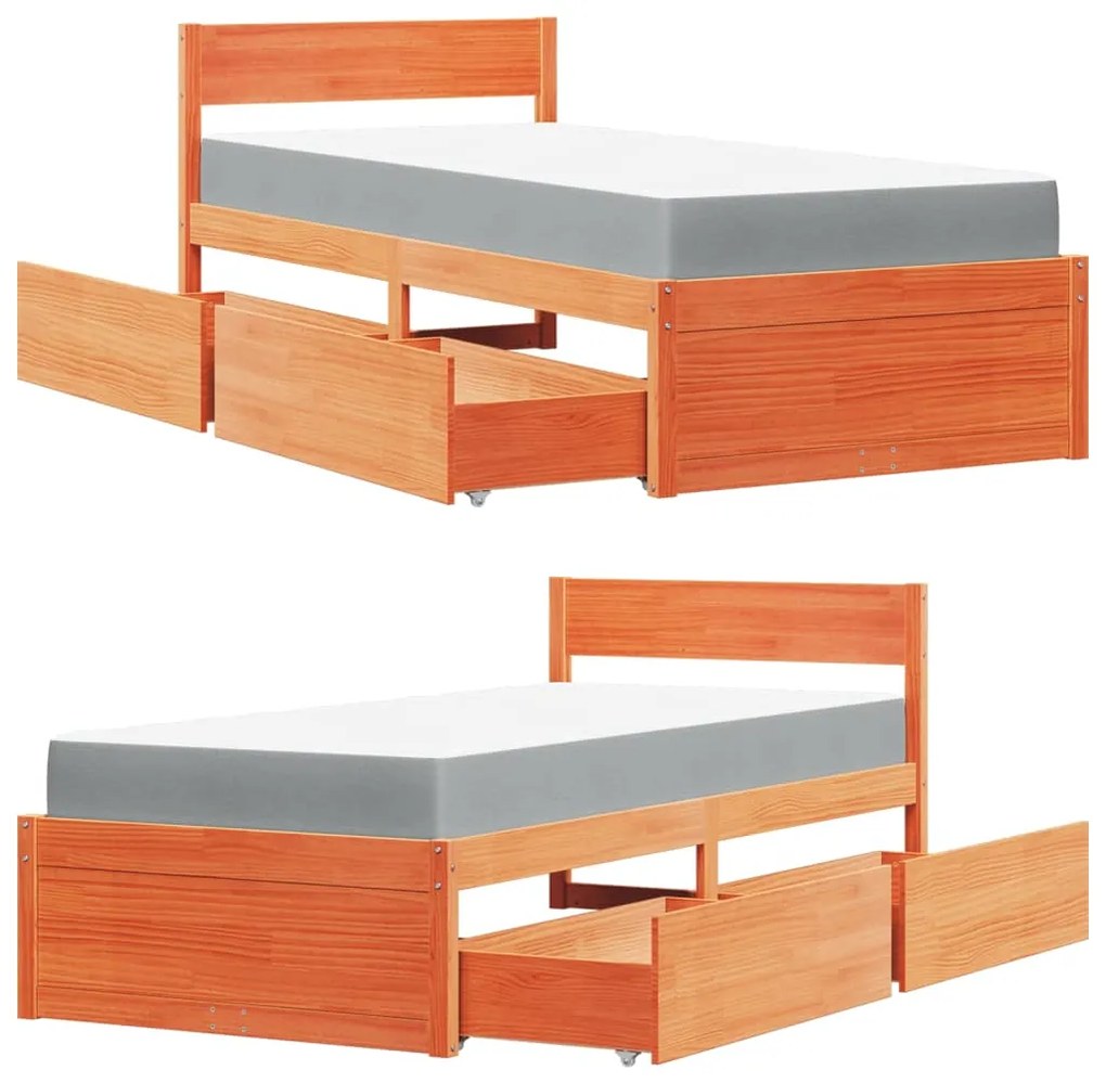 Cama com gavetas e colchão 100x200 cm pinho maciço castanho-mel