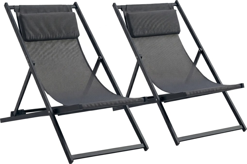 Outsunny Conjunto de 2 Espreguiçadeiras Dobráveis com Encosto Reclinável em 5 Posições e Apoio para a Cabeça 58x96,5x91,5 cm Cinza | Aosom Portugal
