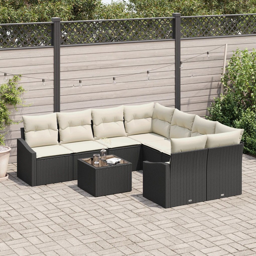 Conjunto de Jantar de Jardim de 9 Peças com Almofadas Preto Rattan de