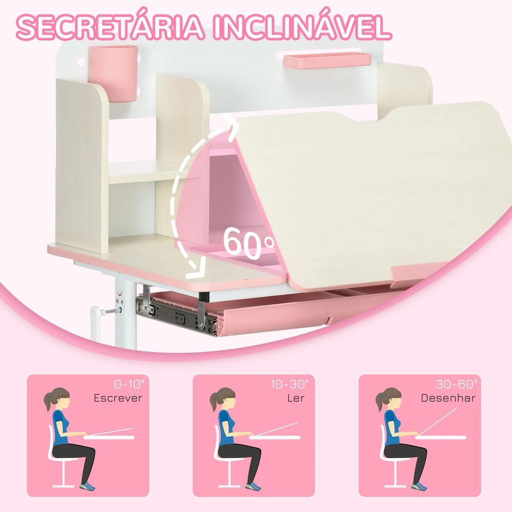 Conjunto de Secretária e Cadeira para Crianças com Altura Ajustável Gaveta e Bancada Inclinável 80x52x88-109 cm Rosa e Branco