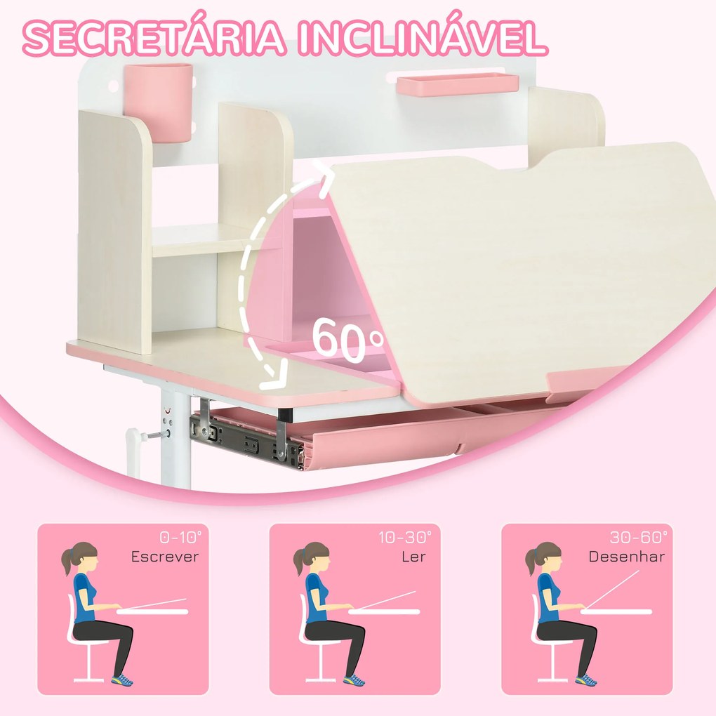 Conjunto de Secretária e Cadeira para Crianças com Altura Ajustável Gaveta Prateleiras e Bancada Inclinável 80x52x88-109 cm Rosa e Branco