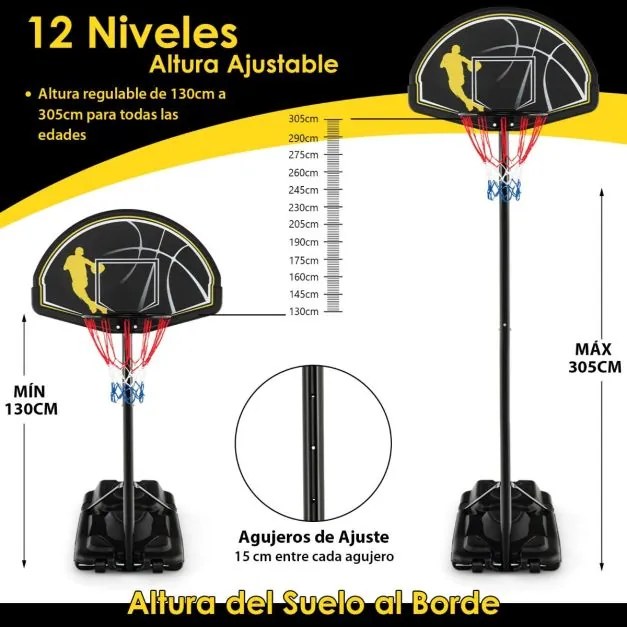 Cesto de basquetebol exterior com altura ajustável em 12 níveis, portátil e móvel com rodas, 2 redes e base recarregável, 130-305 cm, preto