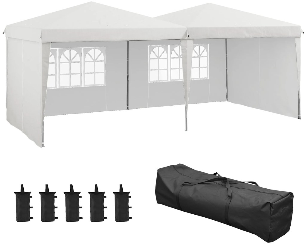 Outsunny Tenda Dobrável 585x295x275 cm com Paredes Laterais Altura Ajustável Bolsa de Transporte e 5 Sacos de Areia Branco