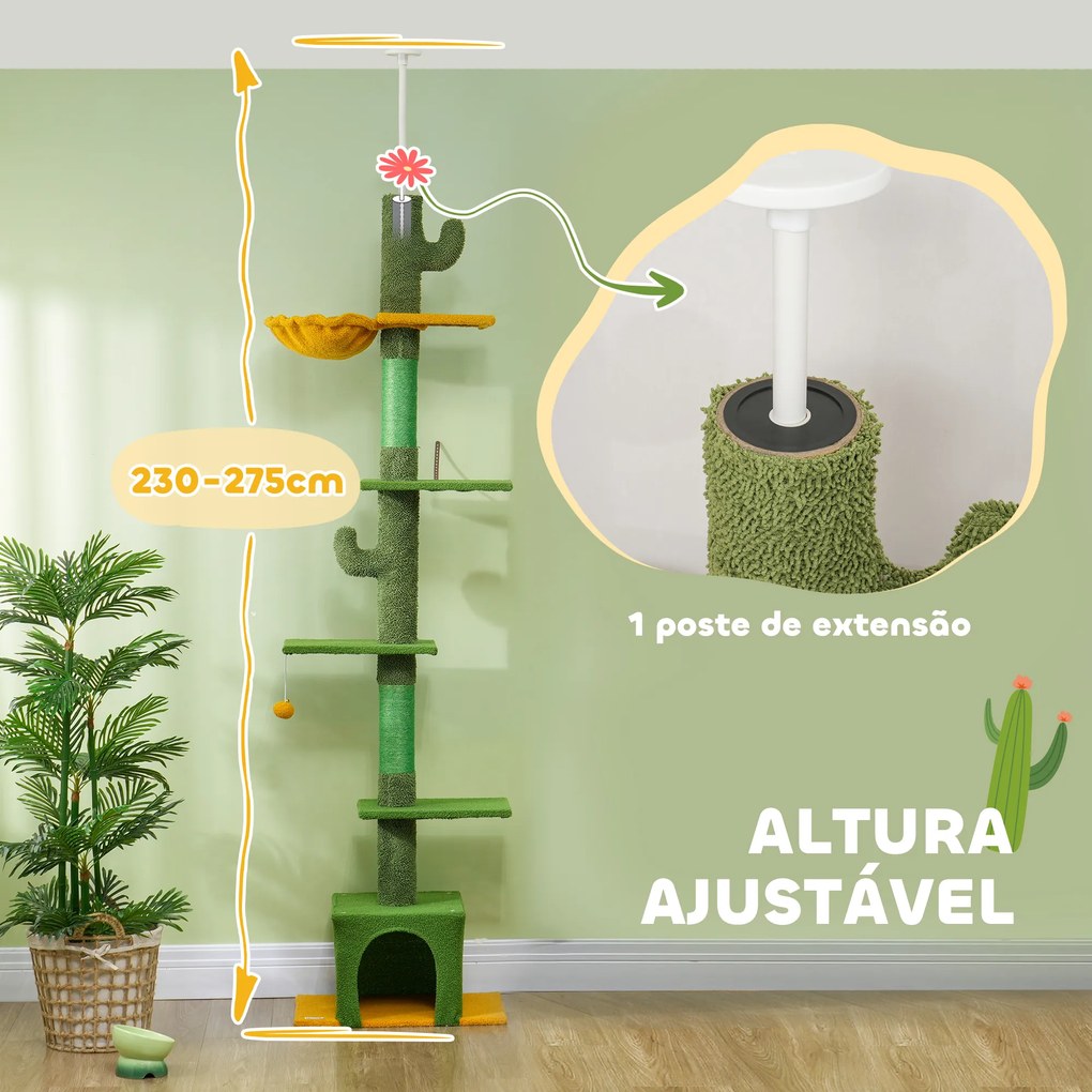 Arranhador para Gatos de Chão a Teto de 230-275 cm com Altura Ajustável Postes de Sisal e Bola de Brincar Verde