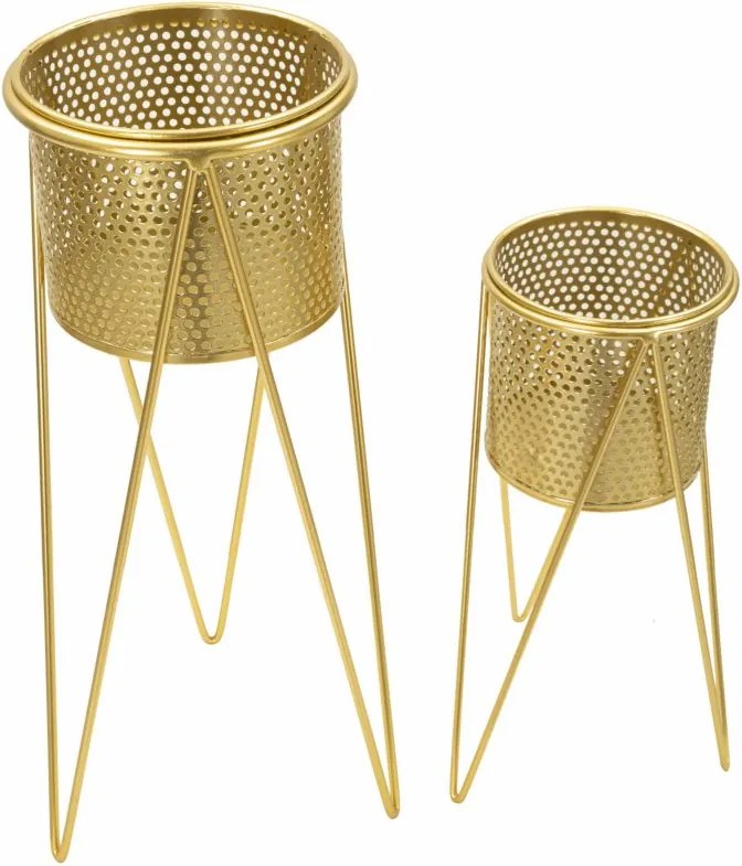 CONJUNTO DE 2 PORTA-VASOS GLAT DOURADO 21X20X46-18X18X32 CM (PLANTAS NÃO INCLUIDAS)