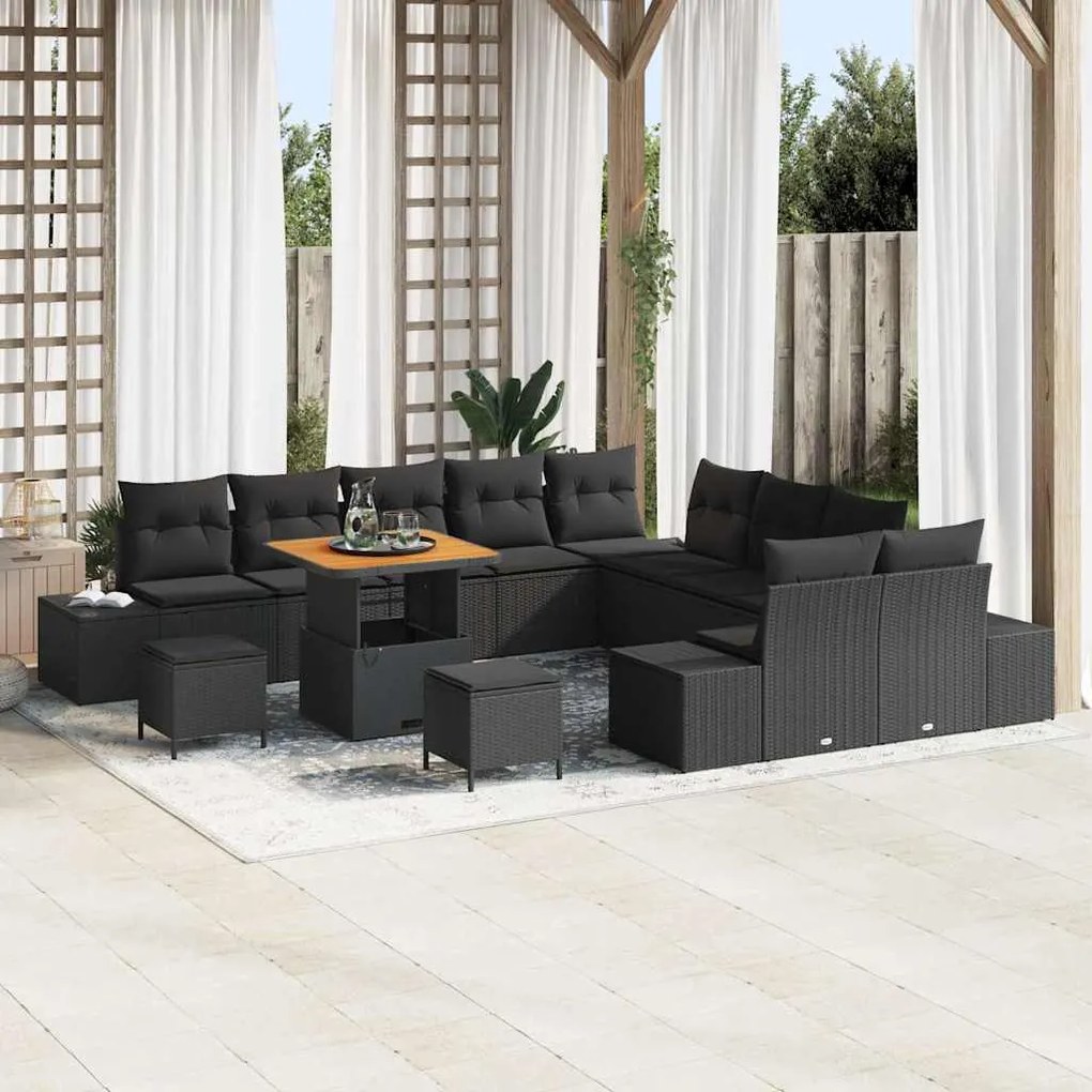 Conjunto de Sofás de Jardim com 13 Peças, Almofadas Pretas, Rattan e P
