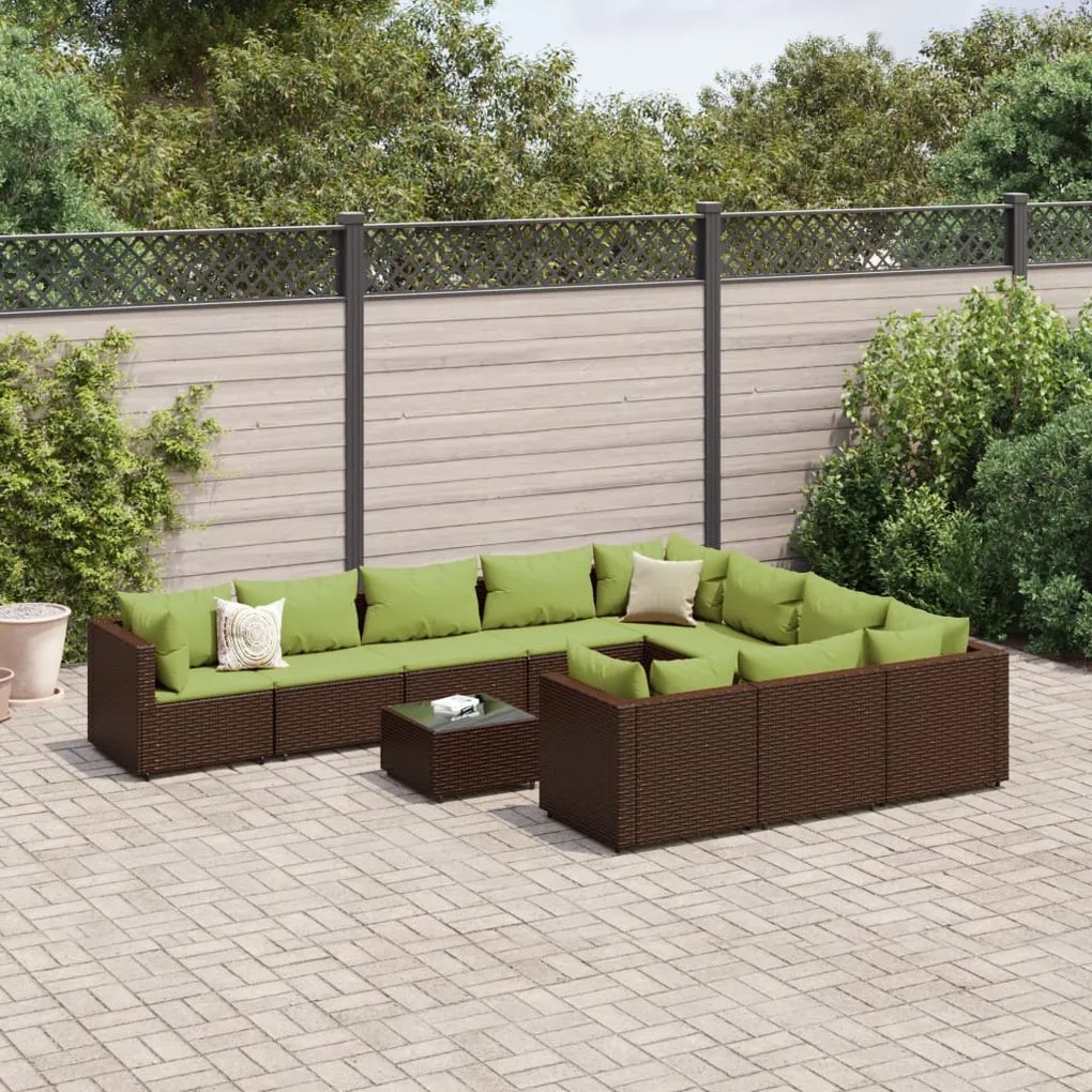 vidaXL 11 pcs conjunto sofás de jardim c/ almofadões vime PE castanho