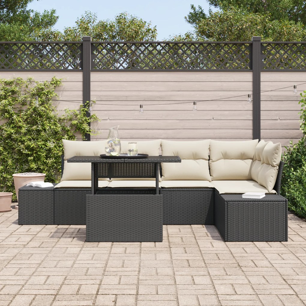 Conjunto de Sofá de Jardim de 6 Peças com Almofadas Preto em Rattan Si