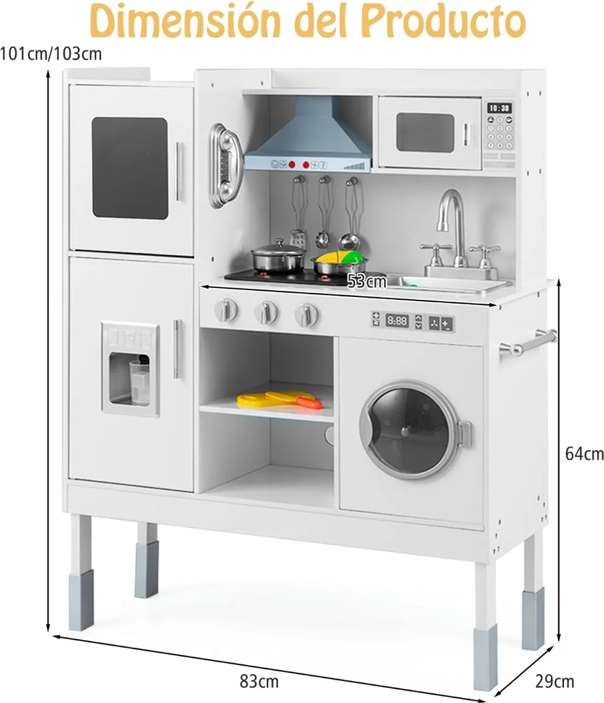 Cozinha de brincar madeira 83 x 29 x 103 cm para crianças a partir dos 3 anos com exaustor, máquina de gelo, telefone, 16 acessórios, sons e luzes rea