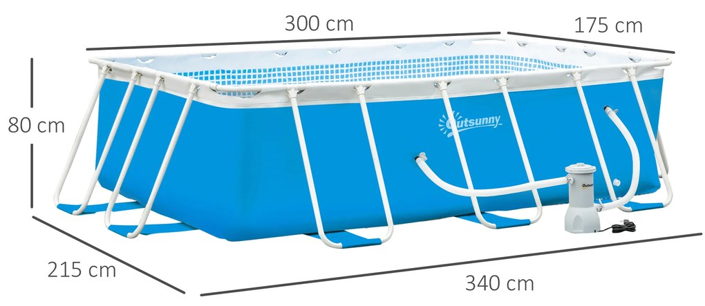 Piscina Desmontável Tubular 340x215x80cm Piscina Retangular de Exterior com Purificador 4.000L/H Mangueiras de Comprimento 100cm e Estrutura de Aço Az