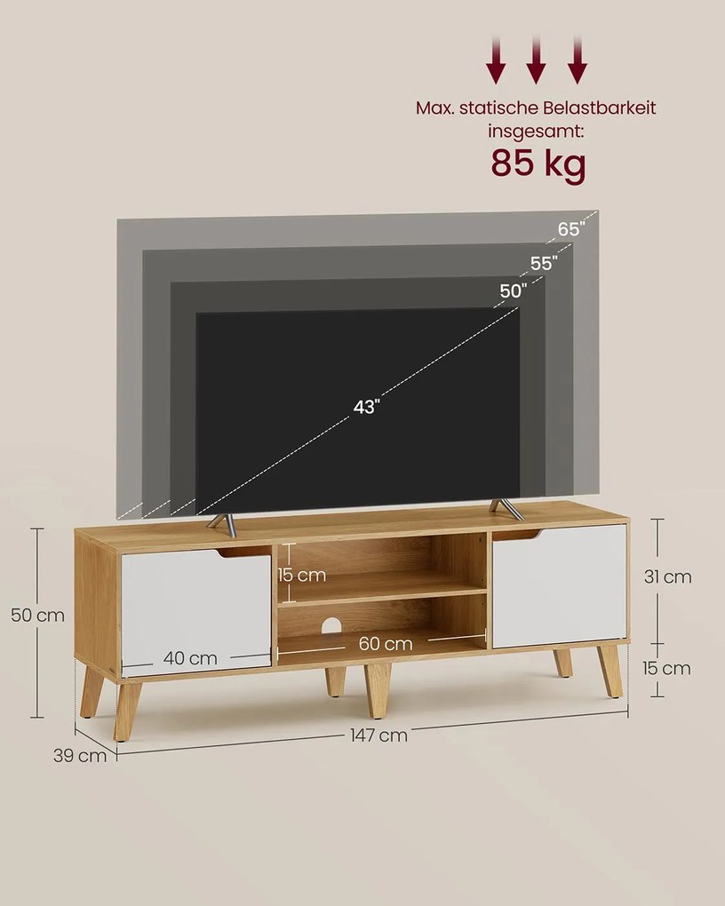 Armário para TV com prateleira ajustável em estilo transitório 147 x 39 x 50 cm Branco + Cor Natural