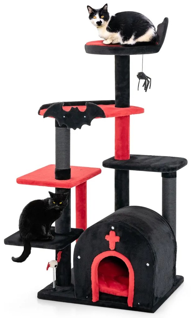 Arranhador gótica para gatos 134 cm com cama pompom e bolas de mola Centro de atividades de 6 níveis Vermelho e preto