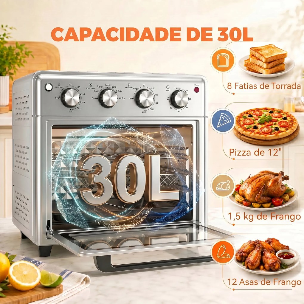Forno Elétrico de Bancada 30 L 1600 W com Fritadeira a ar 7 Funções e Temporizador 43x39x39 cm Prata