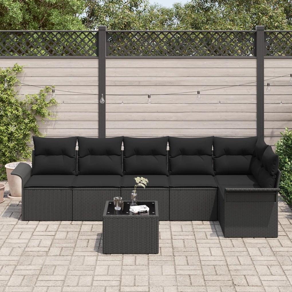 Conjunto de Sofá de Jardim de 7 Peças com Almofadas Pretas Rattan Poli