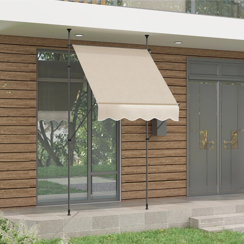 Toldo retrátil manual autoportante, 1,5 m (L) x 1,2 m (P) x 2,1-3 m (A), inclinação ajustável, metal, alumínio, poliéster, cor areia