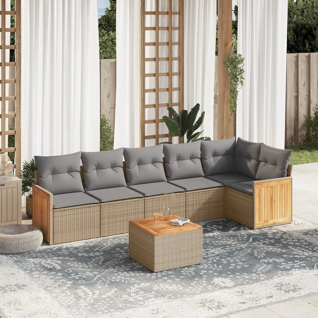 7 pcs conjunto de sofás p/ jardim com almofadões vime PE bege