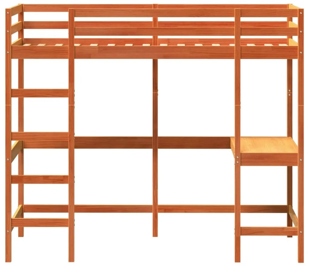 Cama alta c/ secretária 100x200 cm pinho maciço castanho-mel