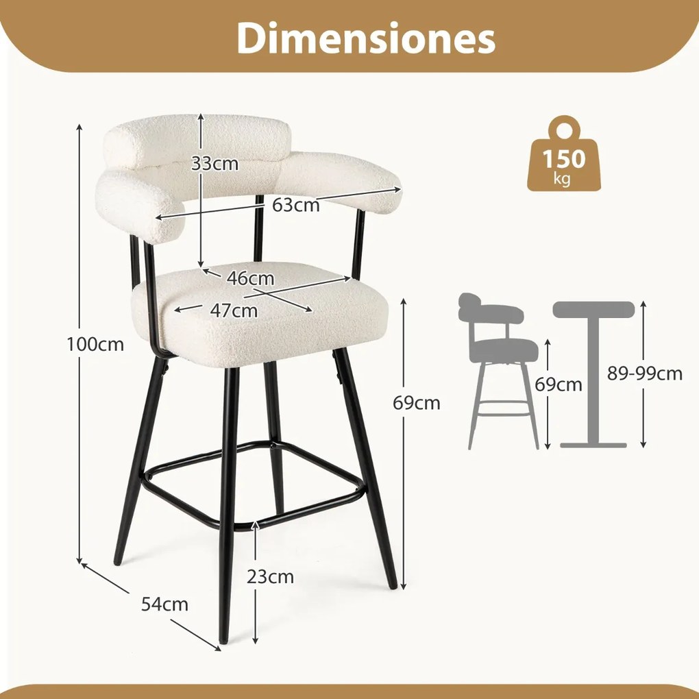 Conjunto de 2 bancos giratórios com encosto e braços curvos com pernas de metal e apoio para os pés 63 x 54 x 100 cm Brancos