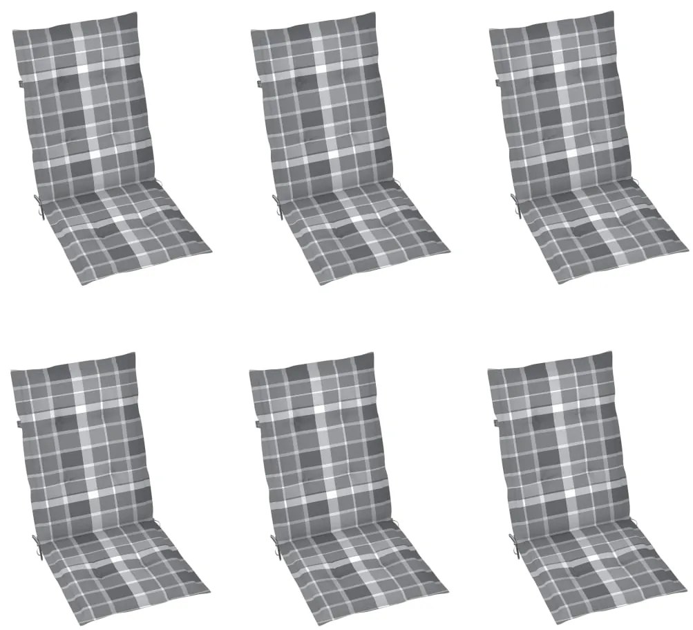 Cadeiras jardim c/ almofadões xadrez cinzento 6 pcs teca maciça